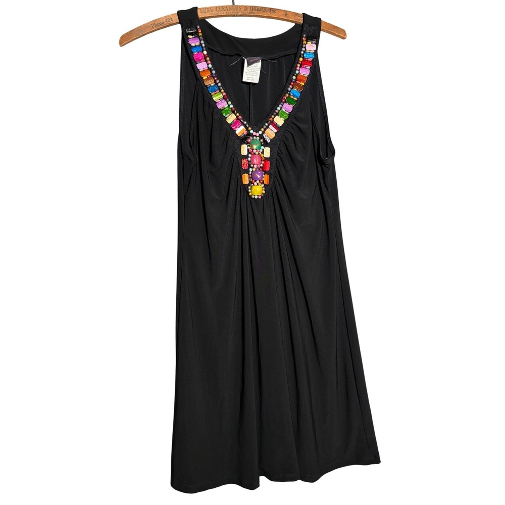 Wrapper Womens Black Beaded V-Neck Sleeveless Mini Dress M Boho Summer Festival